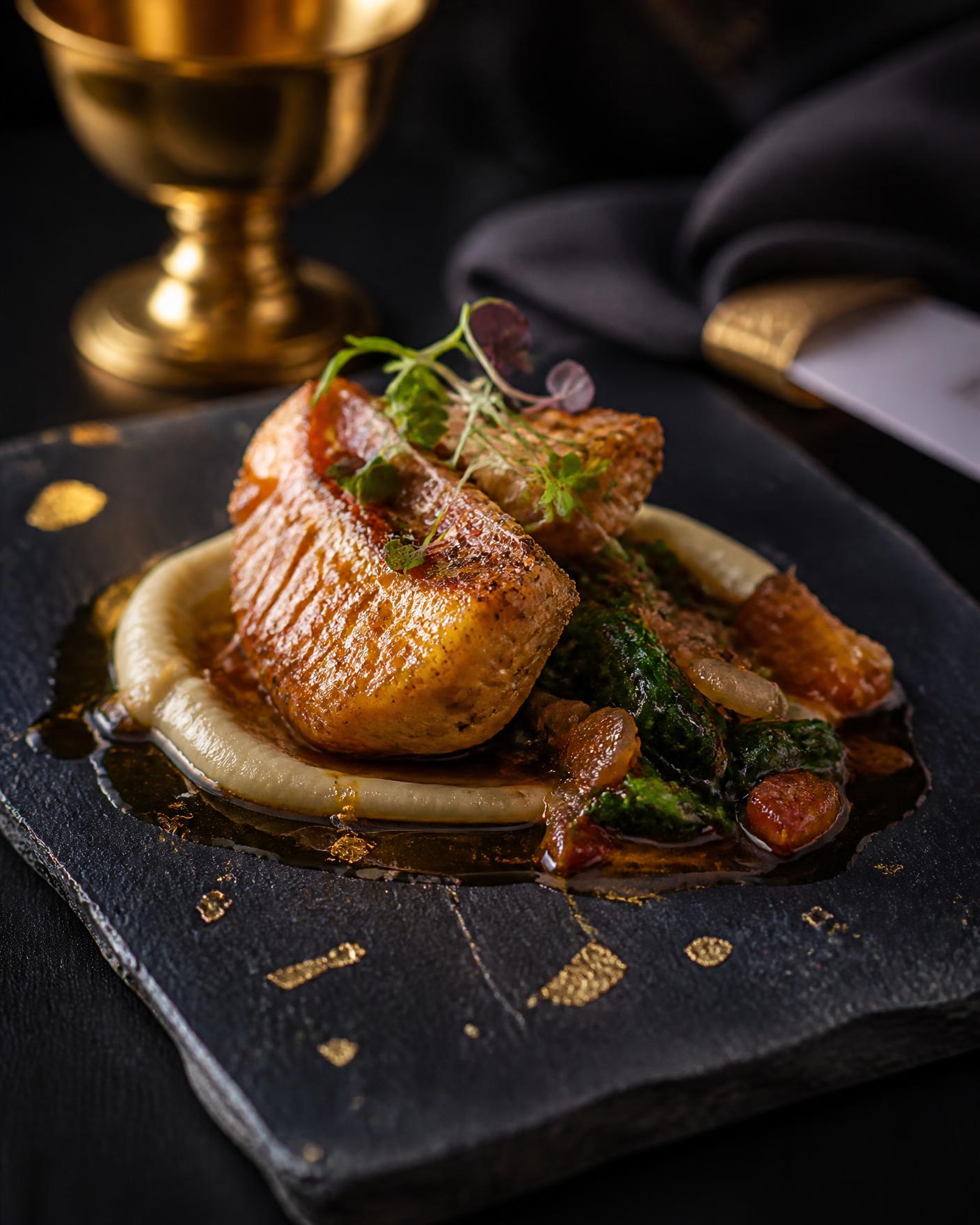 Seared southern entrée plated on dark slate with gold accents
